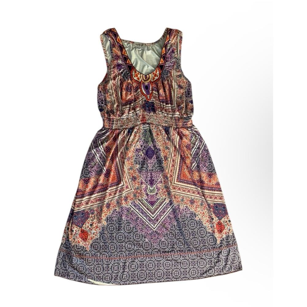 One World Boho Embroidered Paisley Asymmetric Dress Large